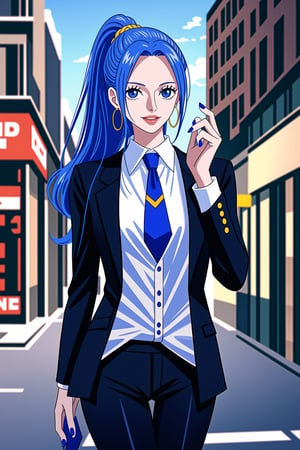 ((best quality)),  ((highly detailed)),  masterpiece,1girl, 1girl, (lips:1.3) pose:1.2, white formal blouse, suit, black jacket, black pants, light blue necktie, (hoop earrings:1.2), blue nails, looking at viewer, standing, cowboy shot, City, blue nails, wristband,vivi, ponytail hair, blue eyes, blue hair, smile, Vivi. ,<lora:659111690174031528:1.0>