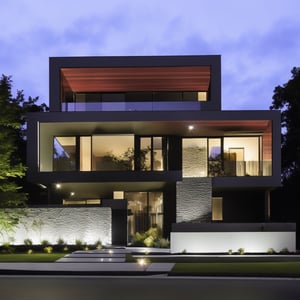 a modern house that is light lit at night time, in the style of dark reflections, richly layered, moody color schemes, glassy translucence, 8k, expansive spaces, dark tones --ar 128:85