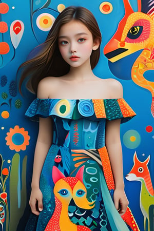 Masterpiece, highest quality, high resolution, of a girl, with exquisite features, wearing an off-the-shoulder dress featuring various abstract and stylized creatures in vibrant and whimsical artistic patterns.,better photography,xxmix_girl