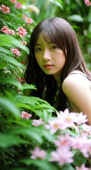 A photorealistic close-up of a single girl looking directly at the viewer from amidst a lush garden backdrop. Her gaze is intense and intimate, as if sharing a secret or inviting the audience to step into her dreamlike world. Vibrant flowers surround her, their colors blending with the soft focus of her skin, creating a sense of depth and dimensionality.