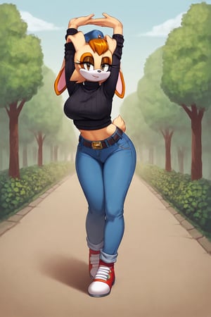 score_9, score_8_up, score_7_up, score_6_up, score_5_up, score_4_up, (Source sonic), (rating safe), vanilla the rabbit, 1girl, solo, outside, wearing blue jeans,  black sweater, shirt cutout, large breasts, brown eyes, looking at viewer, standing, outside, trees, fall weather,  , wide hips, rabbit girl, short hair, body fur, dynamic pose, anime style,flashing belly,cammystretch, stretching,leaning forward,arms up,stomach_punch,Soviet Military uniform,skirt,belt,garrison cap