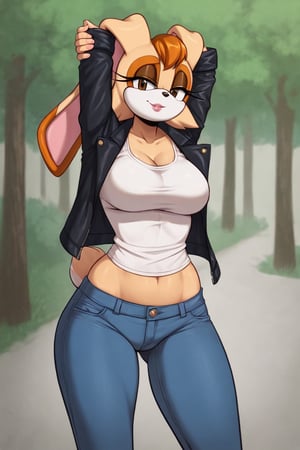 score_9, score_8_up, score_7_up, score_6_up, score_5_up, score_4_up, (Source sonic), (rating safe), vanilla the rabbit, 1girl, solo, outside, wearing blue jeans, white shirt, jacket, large breasts, brown eyes, looking at viewer, standing, outside, trees, fall weather,  , wide hips, rabbit girl, short hair, body fur, hands on hips, anime style,stomach_punch,arms up,cammystretch, stretching,flashing belly,sch00lg1rl