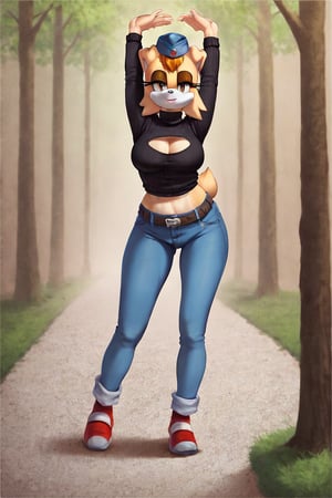 score_9, score_8_up, score_7_up, score_6_up, score_5_up, score_4_up, (Source sonic), (rating safe), vanilla the rabbit, 1girl, solo, outside, wearing blue jeans,  black sweater, shirt cutout, large breasts, brown eyes, looking at viewer, standing, outside, trees, fall weather,  , wide hips, rabbit girl, short hair, body fur, dynamic pose, anime style,flashing belly,cammystretch, stretching,leaning forward,arms up,stomach_punch,Soviet Military uniform,skirt,belt,garrison cap