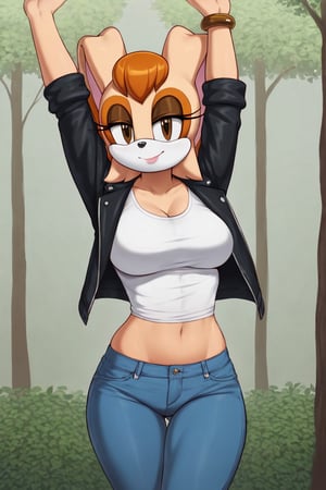 score_9, score_8_up, score_7_up, score_6_up, score_5_up, score_4_up, (Source sonic), (rating safe), vanilla the rabbit, 1girl, solo, outside, wearing blue jeans, white shirt, jacket, large breasts, brown eyes, looking at viewer, standing, outside, trees, fall weather,  , wide hips, rabbit girl, short hair, body fur, hands on hips, anime style,stomach_punch,arms up,cammystretch, stretching,flashing belly,sch00lg1rl