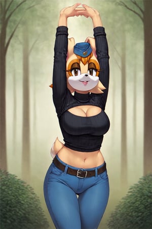 score_9, score_8_up, score_7_up, score_6_up, score_5_up, score_4_up, (Source sonic), (rating safe), vanilla the rabbit, 1girl, solo, outside, wearing blue jeans,  black sweater, shirt cutout, large breasts, brown eyes, looking at viewer, standing, outside, trees, fall weather,  , wide hips, rabbit girl, short hair, body fur, dynamic pose, anime style,flashing belly,cammystretch, stretching,leaning forward,arms up,stomach_punch,Soviet Military uniform,skirt,belt,garrison cap,Lady police 