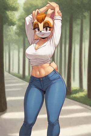 score_9, score_8_up, score_7_up, score_6_up, score_5_up, score_4_up, (Source sonic), (rating safe), vanilla the rabbit, 1girl, solo, outside, wearing blue jeans, white shirt, jacket, large breasts, brown eyes, looking at viewer, standing, outside, trees, fall weather,  , wide hips, rabbit girl, short hair, body fur, hands on hips, anime style,stomach_punch,arms up,cammystretch, stretching,flashing belly,sch00lg1rl