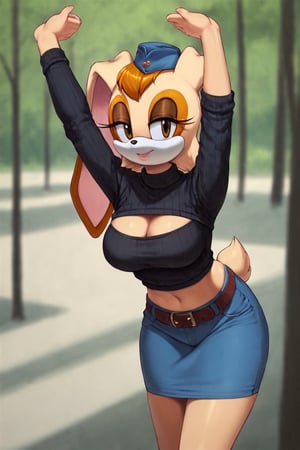 score_9, score_8_up, score_7_up, score_6_up, score_5_up, score_4_up, (Source sonic), (rating safe), vanilla the rabbit, 1girl, solo, outside, wearing blue jeans,  black sweater, shirt cutout, large breasts, brown eyes, looking at viewer, standing, outside, trees, fall weather,  , wide hips, rabbit girl, short hair, body fur, dynamic pose, anime style,flashing belly,cammystretch, stretching,leaning forward,arms up,stomach_punch,Soviet Military uniform,skirt,belt,garrison cap