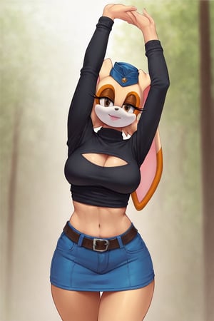 score_9, score_8_up, score_7_up, score_6_up, score_5_up, score_4_up, (Source sonic), (rating safe), vanilla the rabbit, 1girl, solo, outside, wearing blue jeans,  black sweater, shirt cutout, large breasts, brown eyes, looking at viewer, standing, outside, trees, fall weather,  , wide hips, rabbit girl, short hair, body fur, dynamic pose, anime style,flashing belly,cammystretch, stretching,leaning forward,arms up,stomach_punch,Soviet Military uniform,skirt,belt,garrison cap,Lady police 