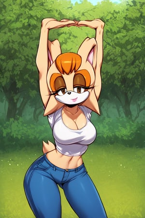 score_9, score_8_up, score_7_up, score_6_up, score_5_up, score_4_up, (Source sonic), (rating safe), vanilla the rabbit, 1girl, solo, outside, wearing blue jeans, white shirt, jacket, large breasts, brown eyes, looking at viewer, standing, outside, trees, fall weather,  , wide hips, rabbit girl, short hair, body fur, hands on hips, anime style,stomach_punch,arms up,cammystretch, stretching,flashing belly,sch00lg1rl