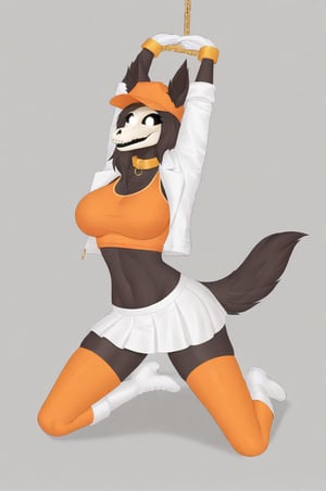 MalOXL, furry female, masterpiece, high quality, large breasts, scp-1471, black fur, orange top, white skirt, white jacket, flashing belly,arms up,cammystretch, stretching, kneeling, white boots, white gloves, golden chained hands, orange stockings, orange hat,  golden collar, white gloves, big boobs