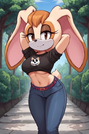 score_9, score_8_up, score_7_up, score_6_up, score_5_up, score_4_up, (Source sonic), (rating safe), vanilla the rabbit, 1girl, solo, outside, wearing black jeans, black sweater, shirt cutout, large breasts, brown eyes, looking at viewer, standing, outside, trees, fall weather,  , wide hips, rabbit girl, short hair, body fur, dynamic pose, anime style,flashing belly,stomach_punch,cammystretch, stretching,leaning forward,arms up, RakkunVTSDXL,Big_Boobs,Huge_Boobs_Anime,skirt,belt