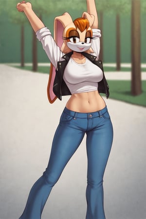 score_9, score_8_up, score_7_up, score_6_up, score_5_up, score_4_up, (Source sonic), (rating safe), vanilla the rabbit, 1girl, solo, outside, wearing blue jeans, white shirt, jacket, large breasts, brown eyes, looking at viewer, standing, outside, trees, fall weather,  , wide hips, rabbit girl, short hair, body fur, hands on hips, anime style,stomach_punch,arms up,cammystretch, stretching,flashing belly,sch00lg1rl