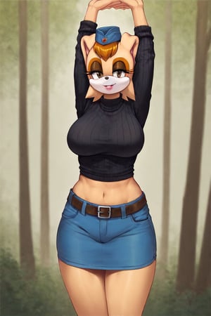 score_9, score_8_up, score_7_up, score_6_up, score_5_up, score_4_up, (Source sonic), (rating safe), vanilla the rabbit, 1girl, solo, outside, wearing blue jeans,  black sweater, shirt cutout, large breasts, brown eyes, looking at viewer, standing, outside, trees, fall weather,  , wide hips, rabbit girl, short hair, body fur, dynamic pose, anime style,flashing belly,cammystretch, stretching,leaning forward,arms up,stomach_punch,Soviet Military uniform,skirt,belt,garrison cap