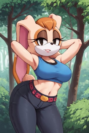 score_9, score_8_up, score_7_up, score_6_up, score_5_up, score_4_up, (Source sonic), (rating safe), vanilla the rabbit, 1girl, solo, outside, wearing black jeans,large breasts, black eyes, looking at viewer, standing, outside, trees, fall weather,  , wide hips, rabbit girl, short hair, body fur, dynamic pose, anime style,flashing belly,stomach_punch,cammystretch, stretching,leaning forward,arms up, RakkunVTSDXL,Big_Boobs,Huge_Boobs_Anime, short skirt,belt