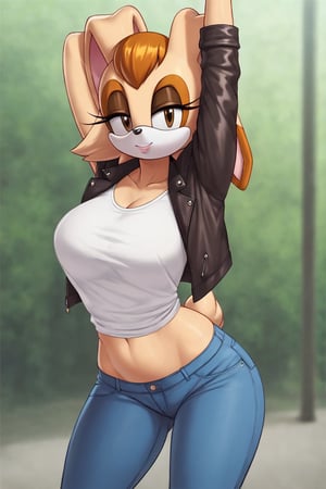 score_9, score_8_up, score_7_up, score_6_up, score_5_up, score_4_up, (Source sonic), (rating safe), vanilla the rabbit, 1girl, solo, outside, wearing blue jeans, white shirt, jacket, large breasts, brown eyes, looking at viewer, standing, outside, trees, fall weather,  , wide hips, rabbit girl, short hair, body fur, hands on hips, anime style,stomach_punch,arms up,cammystretch, stretching,flashing belly,sch00lg1rl