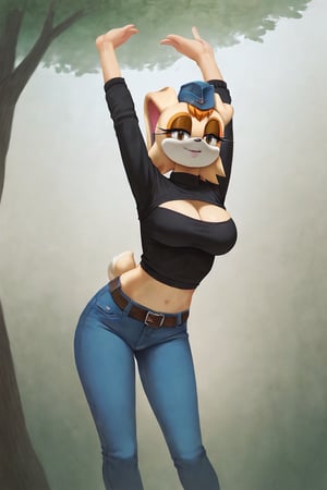 score_9, score_8_up, score_7_up, score_6_up, score_5_up, score_4_up, (Source sonic), (rating safe), vanilla the rabbit, 1girl, solo, outside, wearing blue jeans,  black sweater, shirt cutout, large breasts, brown eyes, looking at viewer, standing, outside, trees, fall weather,  , wide hips, rabbit girl, short hair, body fur, dynamic pose, anime style,flashing belly,cammystretch, stretching,leaning forward,arms up,stomach_punch,Soviet Military uniform,skirt,belt,garrison cap