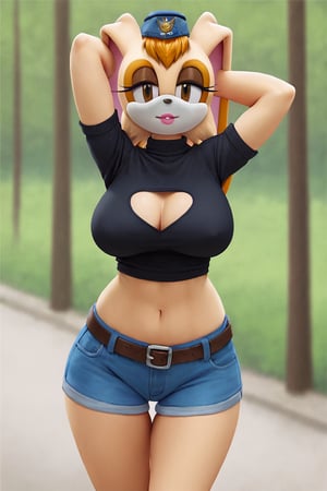 score_9, score_8_up, score_7_up, score_6_up, score_5_up, score_4_up, (Source sonic), (rating safe), vanilla the rabbit, 1girl, solo, outside, wearing blue jeans,  black sweater, shirt cutout, large breasts, brown eyes, looking at viewer, standing, outside, trees, fall weather,  , wide hips, rabbit girl, short hair, body fur, dynamic pose, anime style,flashing belly,cammystretch, stretching,leaning forward,arms up,stomach_punch,Soviet Military uniform,skirt,belt,garrison cap,Lady police 