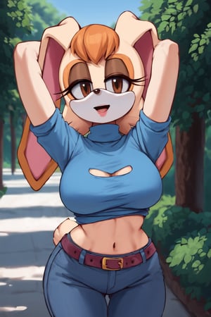 score_9, score_8_up, score_7_up, score_6_up, score_5_up, score_4_up, (Source sonic), (rating safe), vanilla the rabbit, 1girl, solo, outside, wearing blue jeans, blue sweater, shirt cutout, large breasts, brown eyes, looking at viewer, standing, outside, trees, fall weather,  , wide hips, rabbit girl, short hair, body fur, dynamic pose, anime style,flashing belly,stomach_punch,cammystretch, stretching,leaning forward,arms up, RakkunVTSDXL,Big_Boobs,Huge_Boobs_Anime,skirt,belt