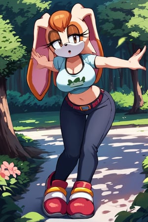 score_9, score_8_up, score_7_up, score_6_up, score_5_up, score_4_up, (Source sonic), (rating safe), vanilla the rabbit, 1girl, solo, outside, wearing black jeans,large breasts, black eyes, looking at viewer, standing, outside, trees, fall weather,  , wide hips, rabbit girl, short hair, body fur, dynamic pose, anime style,flashing belly,stomach_punch,cammystretch, stretching,leaning forward,arms up, RakkunVTSDXL,Big_Boobs,Huge_Boobs_Anime, short skirt,belt