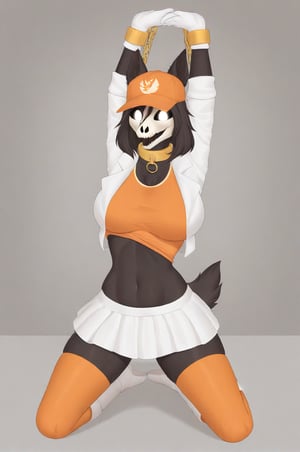 MalOXL, furry female, masterpiece, high quality, large breasts, scp-1471, black fur, orange top, white skirt, white jacket, flashing belly,arms up,cammystretch, stretching, kneeling, white boots, white gloves, golden chained hands, orange stockings, orange hat,  golden collar, white gloves, big boobs