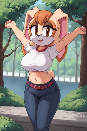 score_9, score_8_up, score_7_up, score_6_up, score_5_up, score_4_up, (Source sonic), (rating safe), vanilla the rabbit, 1girl, solo, outside, wearing black jeans, white sweater, shirt cutout, large breasts, brown eyes, looking at viewer, standing, outside, trees, fall weather,  , wide hips, rabbit girl, short hair, body fur, dynamic pose, anime style,flashing belly,stomach_punch,cammystretch, stretching,leaning forward,arms up, RakkunVTSDXL,Big_Boobs,Huge_Boobs_Anime,skirt,belt