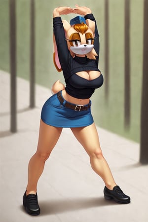 score_9, score_8_up, score_7_up, score_6_up, score_5_up, score_4_up, (Source sonic), (rating safe), vanilla the rabbit, 1girl, solo, outside, wearing blue jeans,  black sweater, shirt cutout, large breasts, brown eyes, looking at viewer, standing, outside, trees, fall weather,  , wide hips, rabbit girl, short hair, body fur, dynamic pose, anime style,flashing belly,cammystretch, stretching,leaning forward,arms up,stomach_punch,Soviet Military uniform,skirt,belt,garrison cap