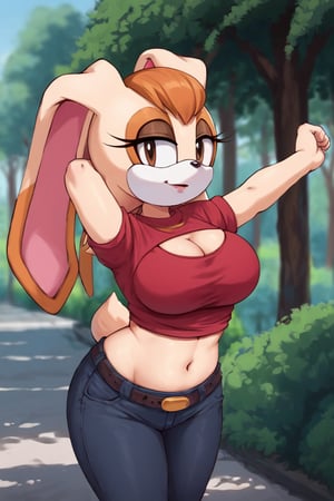 score_9, score_8_up, score_7_up, score_6_up, score_5_up, score_4_up, (Source sonic), (rating safe), vanilla the rabbit, 1girl, solo, outside, wearing black jeans, red sweater, shirt cutout, large breasts, brown eyes, looking at viewer, standing, outside, trees, fall weather,  , wide hips, rabbit girl, short hair, body fur, dynamic pose, anime style,flashing belly,stomach_punch,cammystretch, stretching,leaning forward,arms up, RakkunVTSDXL,Big_Boobs,Huge_Boobs_Anime,skirt,belt