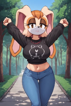 score_9, score_8_up, score_7_up, score_6_up, score_5_up, score_4_up, (Source sonic), (rating safe), vanilla the rabbit, 1girl, solo, outside, wearing blue jeans, black sweater, shirt cutout, large breasts, brown eyes, looking at viewer, standing, outside, trees, fall weather,  , wide hips, rabbit girl, short hair, body fur, dynamic pose, anime style,flashing belly,stomach_punch,cammystretch, stretching,leaning forward,arms up, RakkunVTSDXL,Big_Boobs,Huge_Boobs_Anime