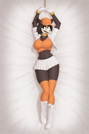 MalOXL, furry female, masterpiece, high quality, large breasts, scp-1471, black fur, orange top, white skirt, white jacket, flashing belly,arms up,cammystretch, stretching, lying in bed, white boots, white gloves, golden chained hands, orange stockings, orange hat,  golden collar, white gloves, big boobs, legs tied