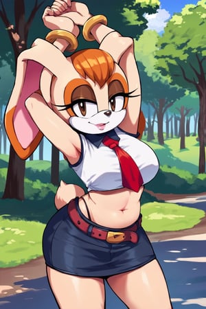 score_9, score_8_up, score_7_up, score_6_up, score_5_up, score_4_up, (Source sonic), (rating safe), vanilla the rabbit, 1girl, solo, outside, wearing black jeans,large breasts, black eyes, looking at viewer, standing, outside, trees, fall weather,  , wide hips, rabbit girl, short hair, body fur, dynamic pose, anime style,flashing belly,stomach_punch,cammystretch, stretching,leaning forward,arms up, RakkunVTSDXL,Big_Boobs,Huge_Boobs_Anime, short skirt,belt