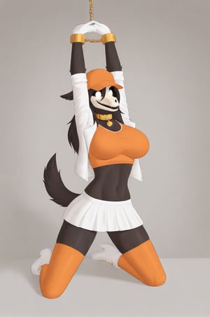 MalOXL, furry female, masterpiece, high quality, large breasts, scp-1471, black fur, orange top, white skirt, white jacket, flashing belly,arms up,cammystretch, stretching, kneeling, white boots, white gloves, golden chained hands, orange stockings, orange hat,  golden collar, white gloves, big boobs