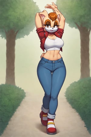 score_9, score_8_up, score_7_up, score_6_up, score_5_up, score_4_up, (Source sonic), (rating safe), vanilla the rabbit, 1girl, solo, outside, wearing blue jeans, white shirt, jacket, large breasts, brown eyes, looking at viewer, standing, outside, trees, fall weather,  , wide hips, rabbit girl, short hair, body fur, hands on hips, anime style,stomach_punch,arms up,cammystretch, stretching,flashing belly,sch00lg1rl