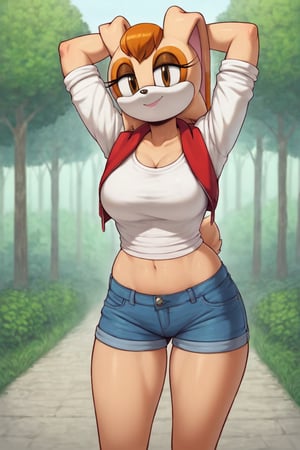 score_9, score_8_up, score_7_up, score_6_up, score_5_up, score_4_up, (Source sonic), (rating safe), vanilla the rabbit, 1girl, solo, outside, wearing blue jeans, white shirt, jacket, large breasts, brown eyes, looking at viewer, standing, outside, trees, fall weather,  , wide hips, rabbit girl, short hair, body fur, hands on hips, anime style,stomach_punch,arms up,cammystretch, stretching,flashing belly,sch00lg1rl