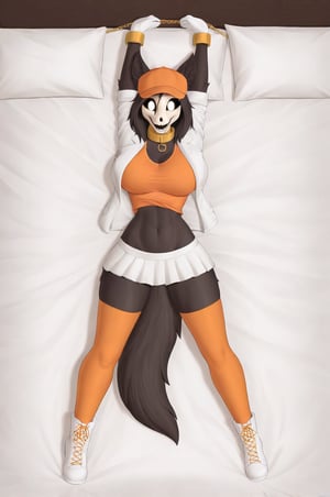 MalOXL, furry female, masterpiece, high quality, large breasts, scp-1471, black fur, orange top, white skirt, white jacket, flashing belly,arms up,cammystretch, stretching, lying in bed, white boots, white gloves, golden chained hands, orange stockings, orange hat,  golden collar, white gloves, big boobs