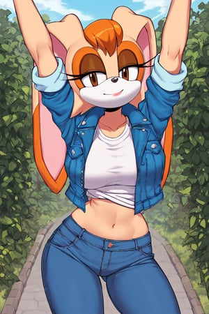 score_9, score_8_up, score_7_up, score_6_up, score_5_up, score_4_up, (Source sonic), (rating safe), vanilla the rabbit, 1girl, solo, outside, wearing blue jeans, white shirt, jacket, large breasts, brown eyes, looking at viewer, standing, outside, trees, fall weather,  , wide hips, rabbit girl, short hair, body fur, hands on hips, anime style,stomach_punch,arms up,cammystretch, stretching,flashing belly,sch00lg1rl