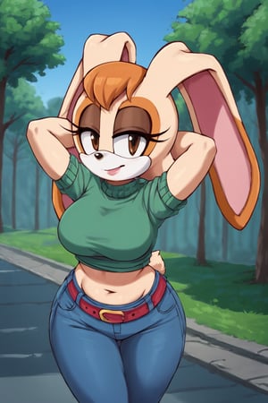 score_9, score_8_up, score_7_up, score_6_up, score_5_up, score_4_up, (Source sonic), (rating safe), vanilla the rabbit, 1girl, solo, outside, wearing blue jeans, green sweater, shirt cutout, large breasts, brown eyes, looking at viewer, standing, outside, trees, fall weather,  , wide hips, rabbit girl, short hair, body fur, dynamic pose, anime style,flashing belly,stomach_punch,cammystretch, stretching,leaning forward,arms up, RakkunVTSDXL,Big_Boobs,Huge_Boobs_Anime,skirt,belt