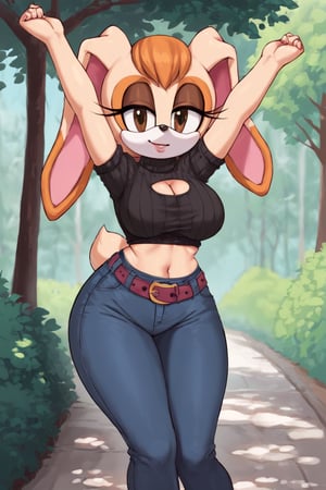 score_9, score_8_up, score_7_up, score_6_up, score_5_up, score_4_up, (Source sonic), (rating safe), vanilla the rabbit, 1girl, solo, outside, wearing black jeans, black sweater, shirt cutout, large breasts, brown eyes, looking at viewer, standing, outside, trees, fall weather,  , wide hips, rabbit girl, short hair, body fur, dynamic pose, anime style,flashing belly,stomach_punch,cammystretch, stretching,leaning forward,arms up, RakkunVTSDXL,Big_Boobs,Huge_Boobs_Anime,skirt,belt