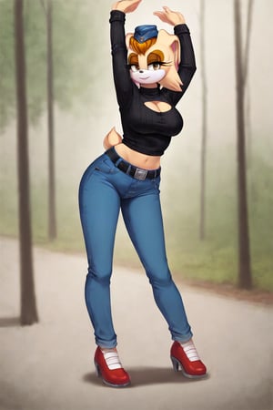 score_9, score_8_up, score_7_up, score_6_up, score_5_up, score_4_up, (Source sonic), (rating safe), vanilla the rabbit, 1girl, solo, outside, wearing blue jeans,  black sweater, shirt cutout, large breasts, brown eyes, looking at viewer, standing, outside, trees, fall weather,  , wide hips, rabbit girl, short hair, body fur, dynamic pose, anime style,flashing belly,cammystretch, stretching,leaning forward,arms up,stomach_punch,Soviet Military uniform,skirt,belt,garrison cap,Lady police 