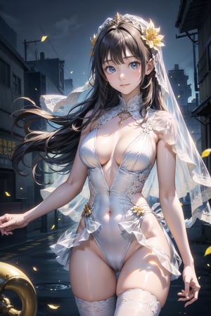 主：(((Thigh to upper body photo))), 
特：(((Colorful and magical doomsday city))), (masterpiece, highest quality, extreme detailed, best quality, official art, beautiful and aesthetic:1.2), (1girl), extreme detailed,(fractal art:1.3),colorful,highest detailed,High detailed,With a very high artistic composition style, 
髮：(((long hair))), 
服：((((Super transparent one-piece swimsuit made of white tulle))), (The white one-piece swimsuit has beautiful embroidery patterns on it),(((deep V low neckline))),(((compression stockings))),(((Beautiful and transparent lace veil))),