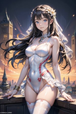 主：(((Thigh to upper body photo))), 
特：(((Colorful and magical doomsday city))), (masterpiece, highest quality, extreme detailed, best quality, official art, beautiful and aesthetic:1.2), (1girl), extreme detailed,(fractal art:1.3),colorful,highest detailed,High detailed,With a very high artistic composition style, 
髮：(((long hair))), 
服：((((Super transparent one-piece swimsuit made of white tulle))), (The white one-piece swimsuit has beautiful embroidery patterns on it),(((deep V low neckline))),(((compression stockings))),