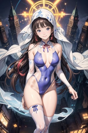 主：(((Thigh to upper body photo))), 
特：(((Colorful and magical doomsday city))), (masterpiece, highest quality, extreme detailed, best quality, official art, beautiful and aesthetic:1.2), (1girl), extreme detailed,(fractal art:1.3),colorful,highest detailed,High detailed,With a very high artistic composition style, 
髮：(((long hair))), 
服：((((Super transparent one-piece swimsuit made of white tulle))), (The white one-piece swimsuit has beautiful embroidery patterns on it),(((deep V low neckline))),(((compression stockings))),(((ribbon style transparent veil))),