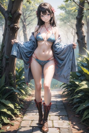 主: (foggy woods), ((Full body image)),
人：1litte 1kid 7yo gril (Child:1.2),
髮：(long hair),
服: (((bikini with beautiful pattern))),(boots),(((deep V low neckline))),Ancient costume