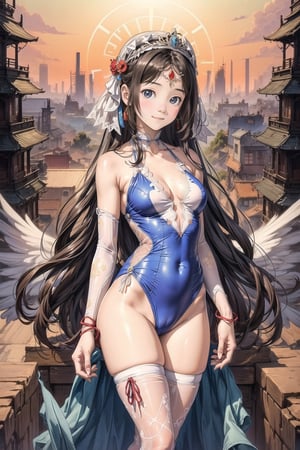 主：(((Thigh to upper body photo))), 
特：(((Colorful and magical doomsday city))), (masterpiece, highest quality, extreme detailed, best quality, official art, beautiful and aesthetic:1.2), (1girl), extreme detailed,(fractal art:1.3),colorful,highest detailed,High detailed,With a very high artistic composition style, 
髮：(((long hair))), 
服：((((Super transparent one-piece swimsuit made of white tulle))), (The white one-piece swimsuit has beautiful embroidery patterns on it),(((deep V low neckline))),(((compression stockings))),(((ribbon style lace headdress))),