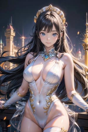 主：(((Thigh to upper body photo))), 
特：(((Colorful and magical doomsday city))), (masterpiece, highest quality, extreme detailed, best quality, official art, beautiful and aesthetic:1.2), (1girl), extreme detailed,(fractal art:1.3),colorful,highest detailed,High detailed,With a very high artistic composition style, 
髮：(((long hair))), 
服：((((Super transparent one-piece swimsuit made of white tulle))), (The white one-piece swimsuit has beautiful embroidery patterns on it),(((deep V low neckline))),(((compression stockings))),