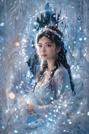 A majestic Ice Goddess stands amidst a winter wonderland, her radiant eyes shining like stars against the snowy backdrop. Messy hair blows softly as she gazes upward, surrounded by iridescent snowflakes and crystal beads. Her realistic face, adorned with intricate metallic details and glowing LED lights, is bathed in a mesmerizing glow. The 8K cinematic environment showcases her hyper-realistic form, with photorealistic textures and minimal wear. The vibrant multicolor palette, reminiscent of Niji's expressive style, brings to life her elegant and fascinated pose, as if frozen in time.