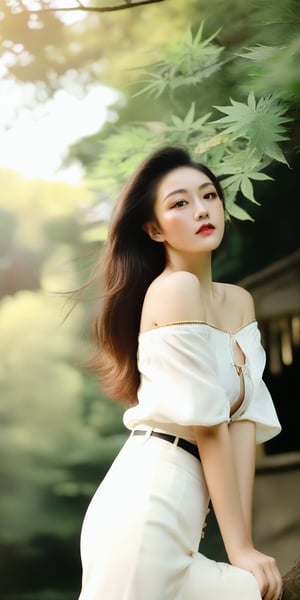 Beautiful young woman, a blend of European and Chinese heritage, stands tall in a lush forest, her long legs and arms extending beyond the frame. Her stylish outfit, a fusion of modern and vintage elements, is set against the rustic backdrop of ancient trees. Soft, warm light illuminates her porcelain skin, accentuating her features as she poses confidently amidst the foliage. The camera captures her full height, conveying a sense of empowerment and youthfulness.