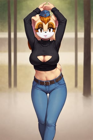 score_9, score_8_up, score_7_up, score_6_up, score_5_up, score_4_up, (Source sonic), (rating safe), vanilla the rabbit, 1girl, solo, outside, wearing blue jeans,  black sweater, shirt cutout, large breasts, brown eyes, looking at viewer, standing, outside, trees, fall weather,  , wide hips, rabbit girl, short hair, body fur, dynamic pose, anime style,flashing belly,cammystretch, stretching,leaning forward,arms up,stomach_punch,Soviet Military uniform,skirt,belt,garrison cap