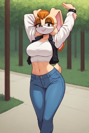 score_9, score_8_up, score_7_up, score_6_up, score_5_up, score_4_up, (Source sonic), (rating safe), vanilla the rabbit, 1girl, solo, outside, wearing blue jeans, white shirt, jacket, large breasts, brown eyes, looking at viewer, standing, outside, trees, fall weather,  , wide hips, rabbit girl, short hair, body fur, hands on hips, anime style,stomach_punch,arms up,cammystretch, stretching,flashing belly,sch00lg1rl,Sexy Girl