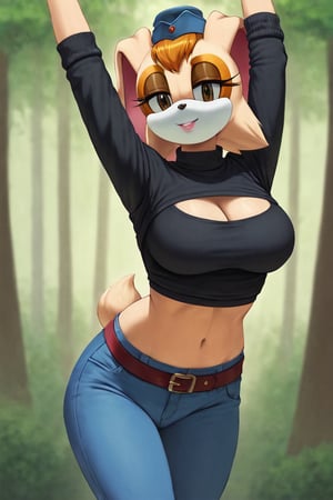 score_9, score_8_up, score_7_up, score_6_up, score_5_up, score_4_up, (Source sonic), (rating safe), vanilla the rabbit, 1girl, solo, outside, wearing blue jeans,  black sweater, shirt cutout, large breasts, brown eyes, looking at viewer, standing, outside, trees, fall weather,  , wide hips, rabbit girl, short hair, body fur, dynamic pose, anime style,flashing belly,cammystretch, stretching,leaning forward,arms up,stomach_punch,Soviet Military uniform,skirt,belt,garrison cap