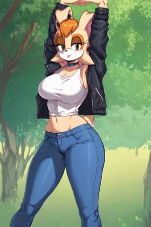 score_9, score_8_up, score_7_up, score_6_up, score_5_up, score_4_up, (Source sonic), (rating safe), vanilla the rabbit, 1girl, solo, outside, wearing blue jeans, white shirt, jacket, large breasts, brown eyes, looking at viewer, standing, outside, trees, fall weather,  , wide hips, rabbit girl, short hair, body fur, hands on hips, anime style,stomach_punch,arms up,cammystretch, stretching,flashing belly,sch00lg1rl,Sexy Girl